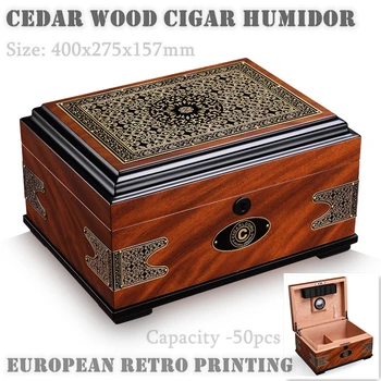 295x158x220mm Cigar Humidor visoke zmogljivosti 50 cedrovine Cigar Vlažilne Primeru Evropske Retro Tiskanja Cigar Polje Kakovosti Darilo