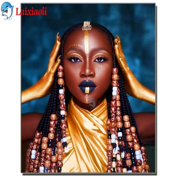 Afriška ženska diamond vezenje prodaje,5d diy diamond slikarstvo zlata, črna deklica, portret,polne,okrogle,3d,diamond mozaik Dom Dekor,