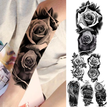 Black Rose Cvet Začasne Tetovaže Za Ženske Odraslih Volk Gozd Piratska Lobanja Ponaredek Tattoo Nalepke Seksi Pol Rokav Tatoos Papirja