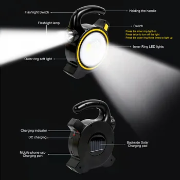 COB Delo Lučka LED Sončne Svetlobe Prenosna Luč Šotor Svetlobe Sili Pozornosti Polnilna Žaromet za na Prostem Pohodništvo, Kampiranje