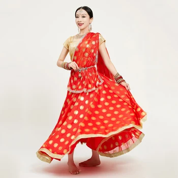 Indijski Ples bo Ustrezala Bollywood Ples Stopnji Uspešnosti Kostum Rdeče Saree Krilo Obleke Zlati Vrhovi Orientalski Ples, Oblačila DQL7582