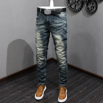 Italijanski Modni Stil Moške Jeans Retro Modra Elastična Slim Fit Ripped Kavbojke Moški Letnik Oblikovalec Priložnostne Stretch Traper Hlače Hombre