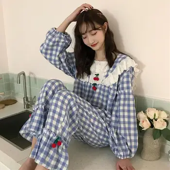 Jeseni leta 2022 Novi korejski Slog Dolgo SleeveSquare CollarCollar Ženske Pižame Nastavite Bombaž Mehko Kariran Sleepwear 2 Kosa Obleke F54