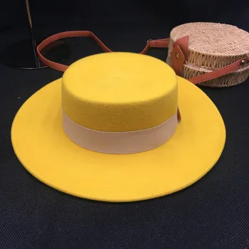 Klobuk za ženske ravno klobuk sklenjena, široko-robna volne klobučevine klobuk panama rumena moda za prosti čas klobuk fedoras