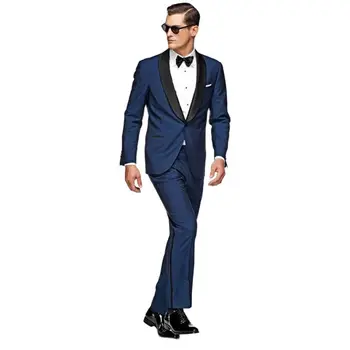 Kostum Homme Nov Prihod Ženina Tuxedos Bluegroomsmen Šal River Moške Poročne Obleke, Najboljše Mens Obleko po Meri (suknjič+hlače)