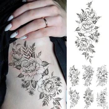 Linija Cvet Nepremočljiva Začasni Tattoo Nalepke Peony Lily Rose Listov Rastlin Flash Tatto Ženske Moški Roko Pasu Body Art Ponaredek Tetovaže