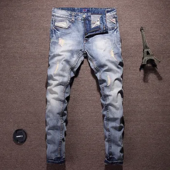 Moda Raztrgala Moške Jeans Svetlo Modra Y2k Kavbojke Vezenje Slim Naravnost Priložnostne Hlače Moški
