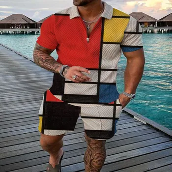 Moška Obleka 3D Barvni Šivi Tiskanja Poletje Kratek Rokav Polo Majica, kratke Hlače Obleko Modne Zadrgo Polo Majica Dva Kosa iz Nova