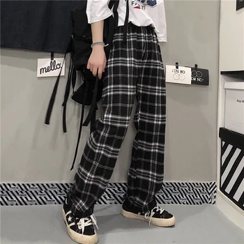 Poletje Harajuku svoboden casual punk moda ženski črni kariran hlače ženske hlače Letnik Koreja študent hlače dropshipping