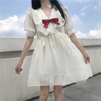 Poletje novi Japonski študenti sladko visoko pasu temperament mehurček rokav obleka ženske viktorijanski obleko kawaii dekle gothic lolita op.