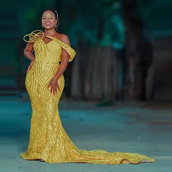 Sijoče Sequined Morska Deklica Prom Obleke Ljubica Zamah Vlak Afriške Ženske Večerno Obleko Formalno Vestidos Luksuzni Oblek