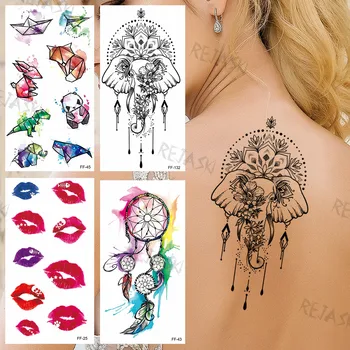 Slon Mandala Cvet Začasne Tetovaže Za Ženske, Dekleta Akvarel Ustnice Dream Catcher Ponaredek Tattoo Nalepke Nazaj Roko Tatoos 3D