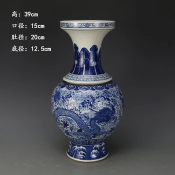 Starinsko QingDynasty porcelanasta vaza,Blue& white dragon in phoenix steklenico,Ročno poslikano obrti,Zbirka&Okras,Brezplačna dostava