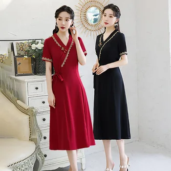 Tradicionalne Ženske Proti-Vrat Saten A-Line Qipao Letnik Orientalske Ženske Cheongsam Kitajski Formalno Obleko Oversize 4XL