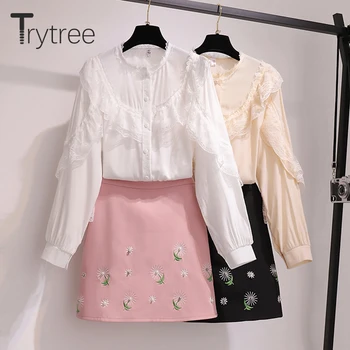 Trytree 2020 Jeseni Priložnostne dva kosa Ženske Določa Čipke Ruffles Majica + Mini Krilo Vezenje Cvetlični Zadrgo Sladko Obleko Sklop 2 Kos
