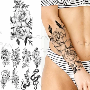 Velika Rose Cvet Začasne Tetovaže Za Ženske, Dekleta Realne Lobanje Kača Luna Ponaredek Tattoo Nalepke, Podlakti Noge Nepremočljiva Tatoos