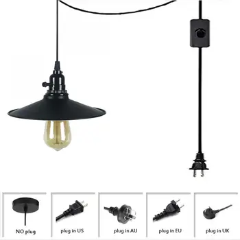 Črni Strop Llight s Plug Kovinski Lendant Lučka V Kabel z Nastavljivo Vtičnice in Stikala Obesek Lučka
