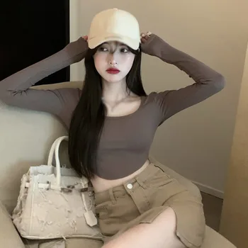 Ženske Koreja Slog Seksi Bodycon Osnovne Zajemalka Vratu Crop Tops Dolg Rokav Slim Barva Majice S-XL