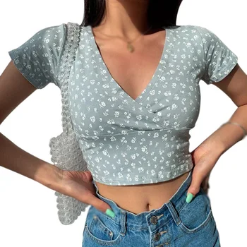 Ženske Retro Cvjetnim Tiskanja Proti Vratu T-Shirt Seksi Slim Izpostavljajte Popka Kratek SleeveTops